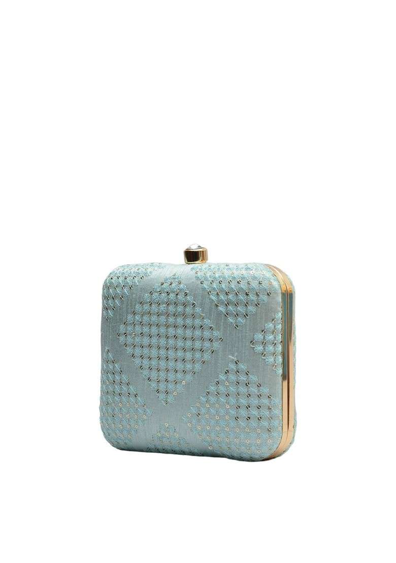 Blue Satin Blue Embroidered Fabric Box Clutch - Indya