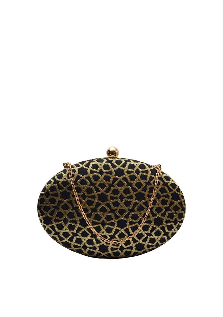 Black Satin Black And Gold Toned Embroidered Box Clutch - Indya