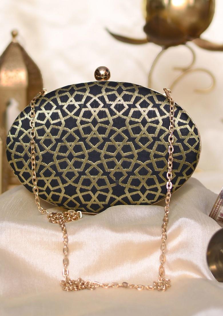 Black Satin Black And Gold Toned Embroidered Box Clutch - Indya