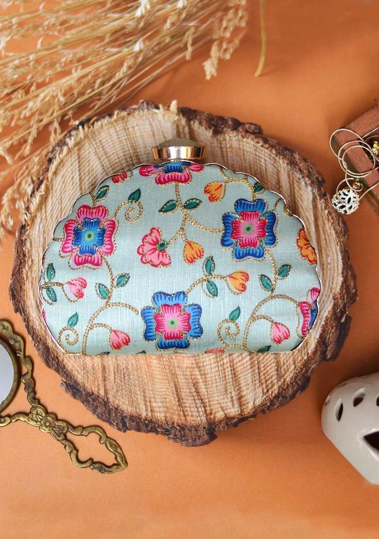 Cream Satin Cream Coloured And Blue Embroidered Box Clutch - Indya
