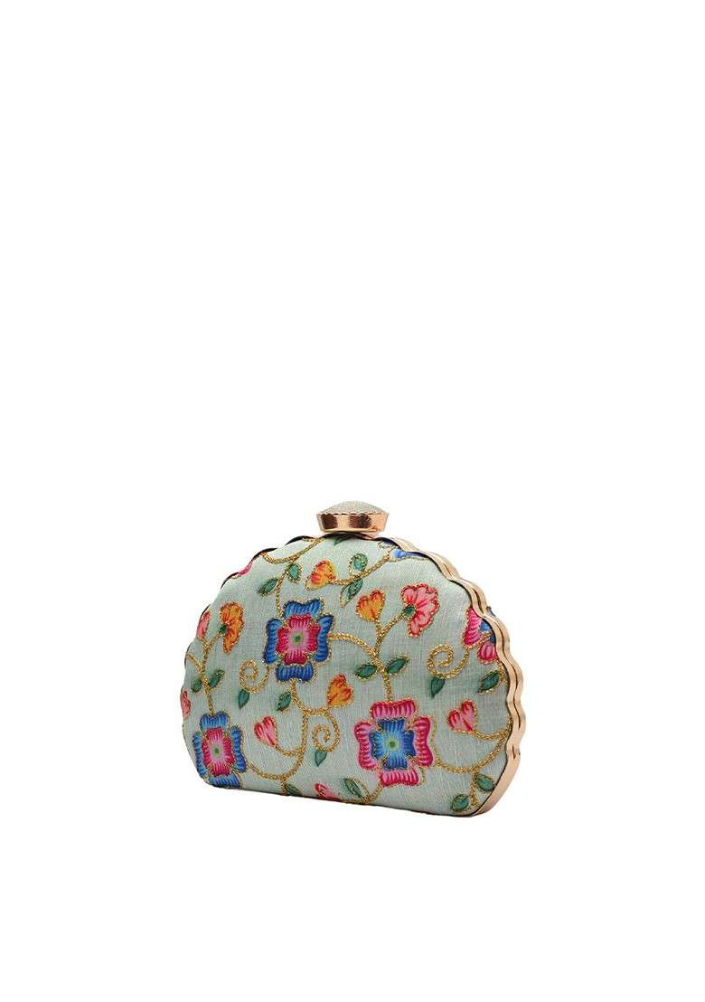 Cream Satin Cream Coloured And Blue Embroidered Box Clutch - Indya