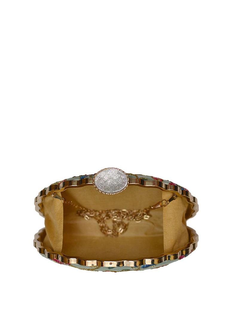 Cream Satin Cream Coloured And Blue Embroidered Box Clutch - Indya