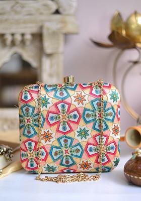Pink Satin Pink And Blue Embroidered Box Clutch