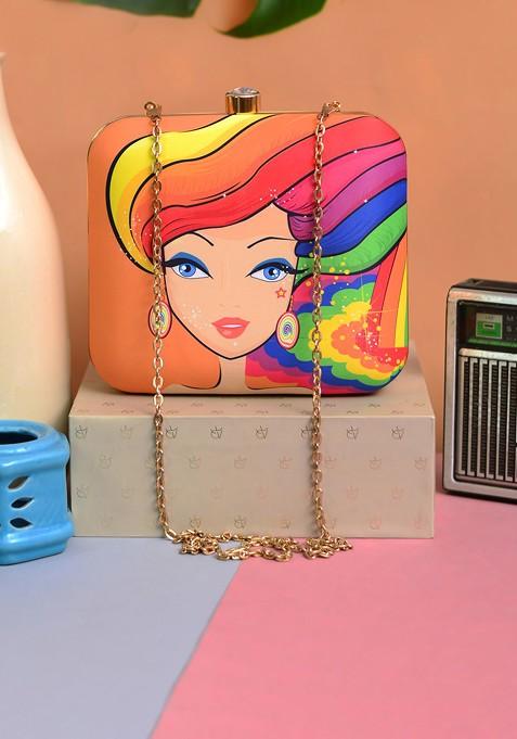 Red Fabric Red And Blue Rainbow Hair Printed Box Clutch