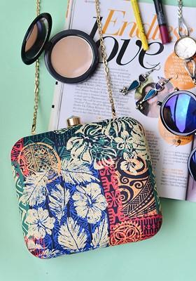 Multi Fabric Women Multicoloured Printed Box Clutch