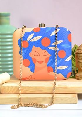 Beige Fabric Beige And Blue Printed Box Clutch
