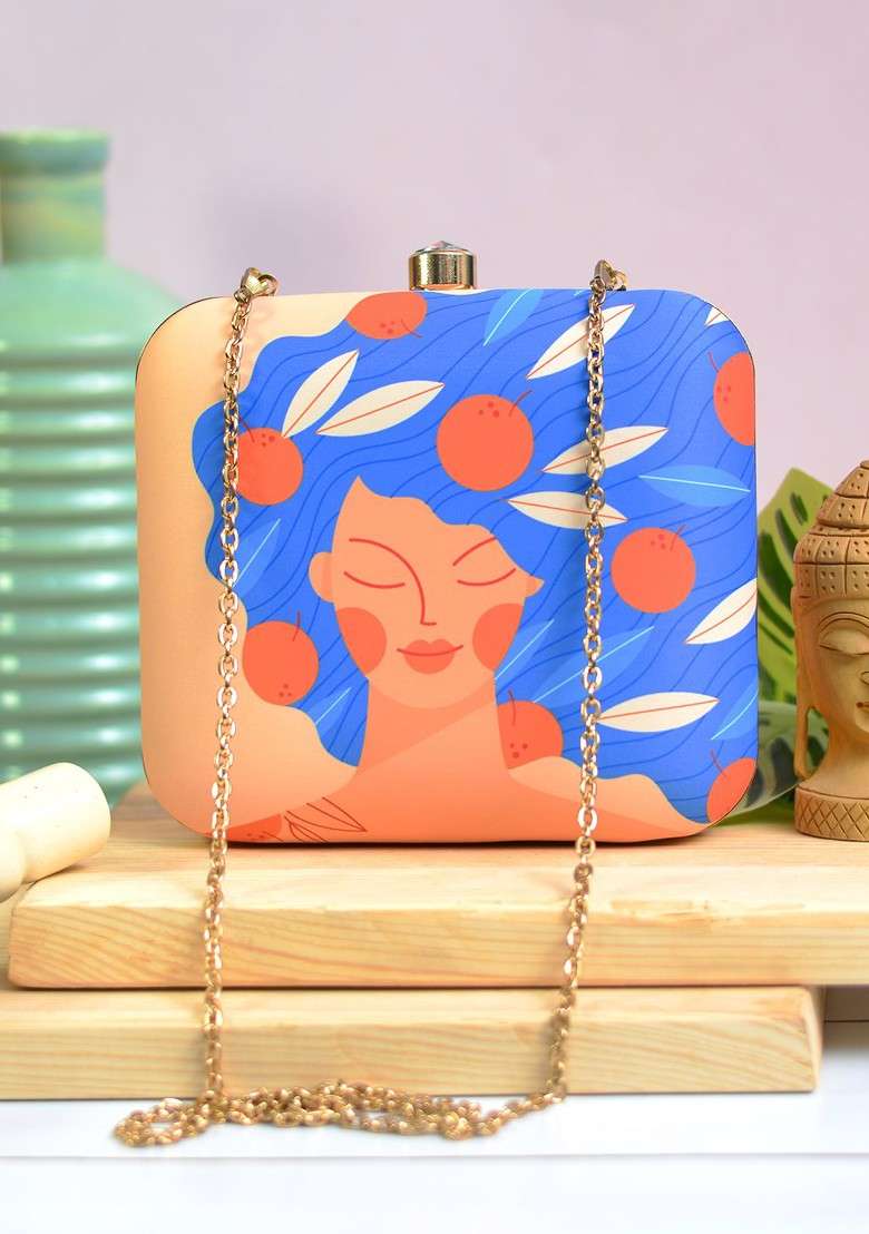 Beige Fabric Beige And Blue Printed Box Clutch - Indya