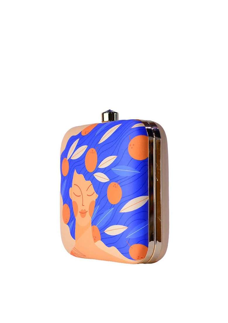 Beige Fabric Beige And Blue Printed Box Clutch - Indya