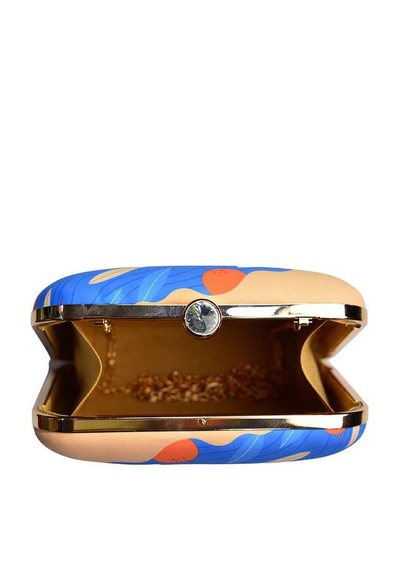 Beige Fabric Beige And Blue Printed Box Clutch - Indya