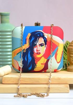 Blue Fabric Blue And Red Printed Box Clutch