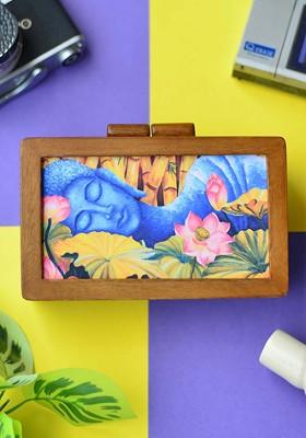 Brown Fabric Brown And Blue Printed Box Clutch