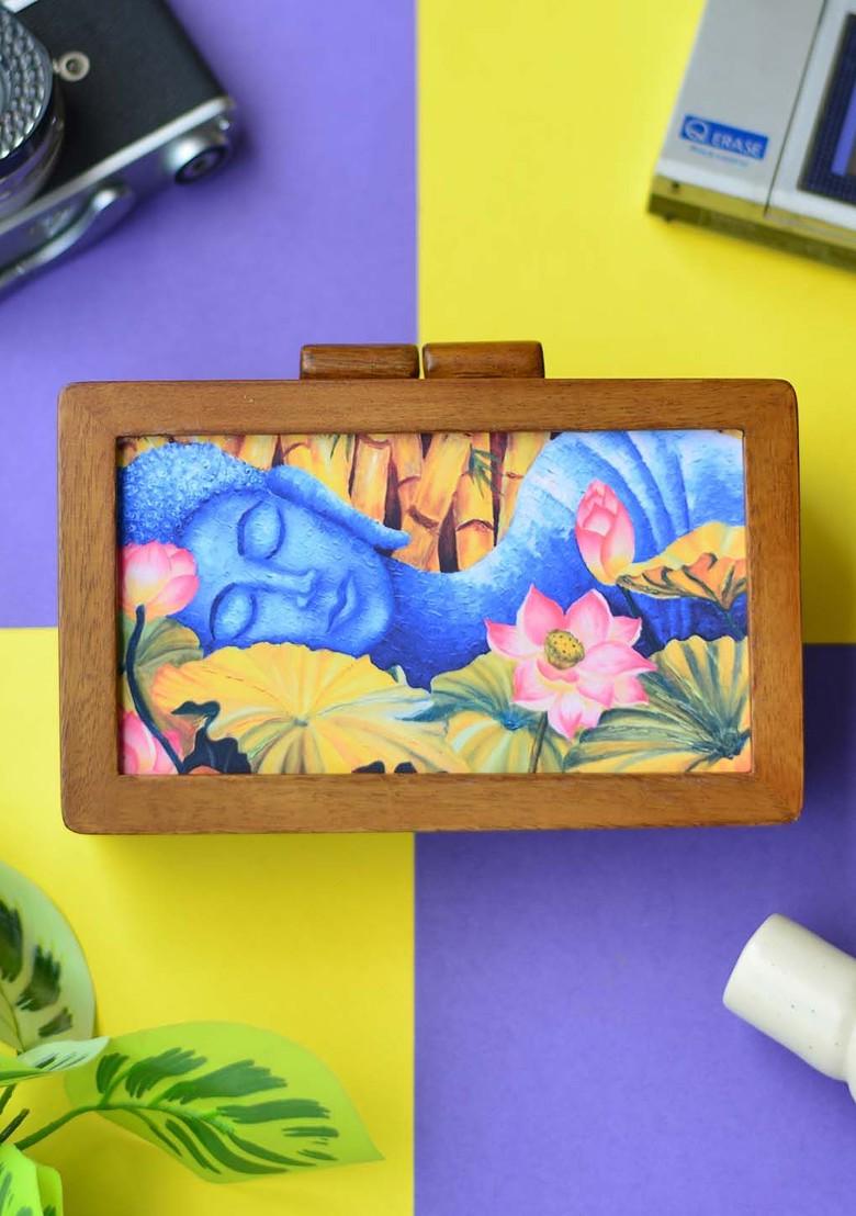 Brown Fabric Brown And Blue Printed Box Clutch - Indya