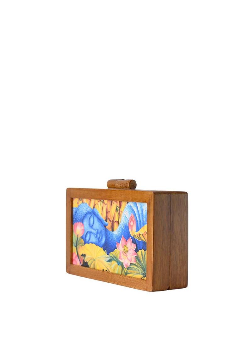 Brown Fabric Brown And Blue Printed Box Clutch - Indya