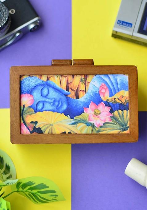 Brown Fabric Brown And Blue Printed Box Clutch