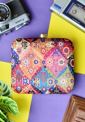 Blue Fabric Blue And Orange Printed Box Clutch