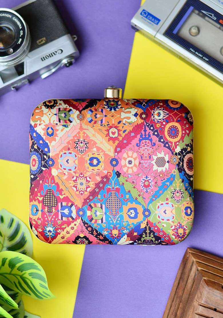 Blue Fabric Blue And Orange Printed Box Clutch - Indya