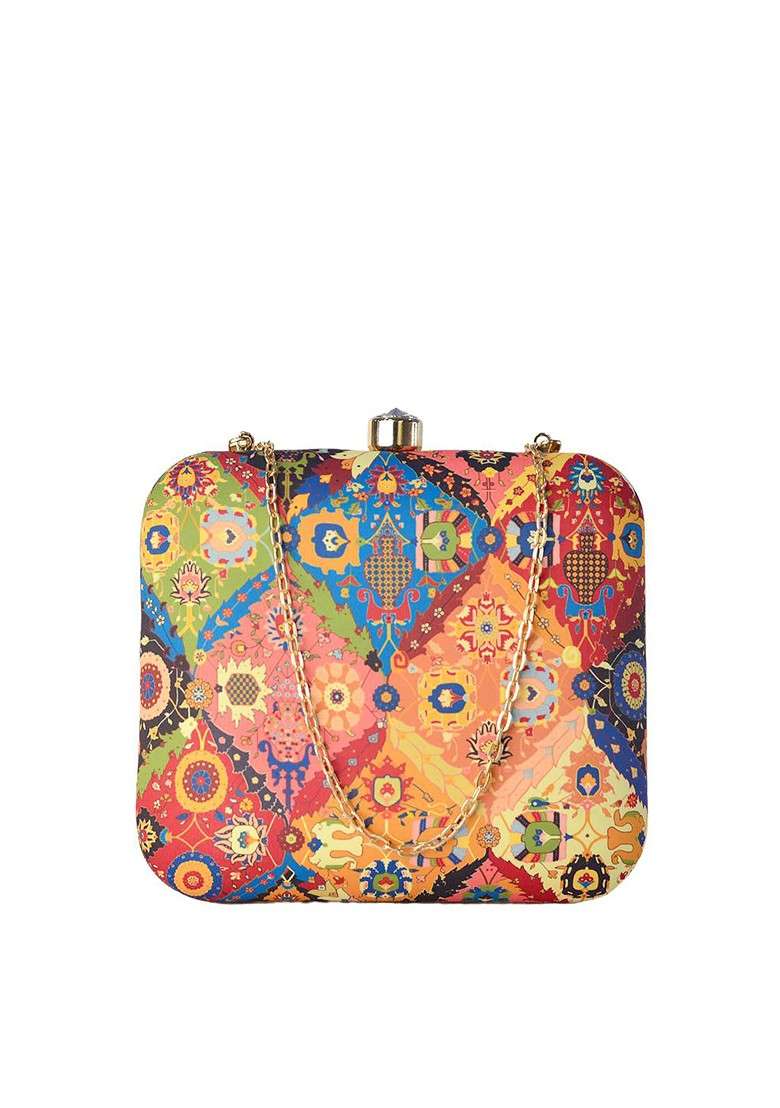 Blue Fabric Blue And Orange Printed Box Clutch - Indya
