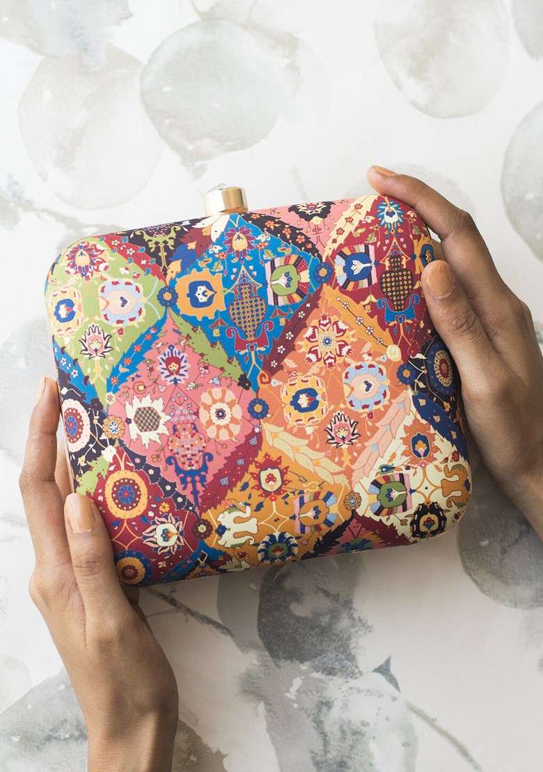 Blue Fabric Blue And Orange Printed Box Clutch - Indya