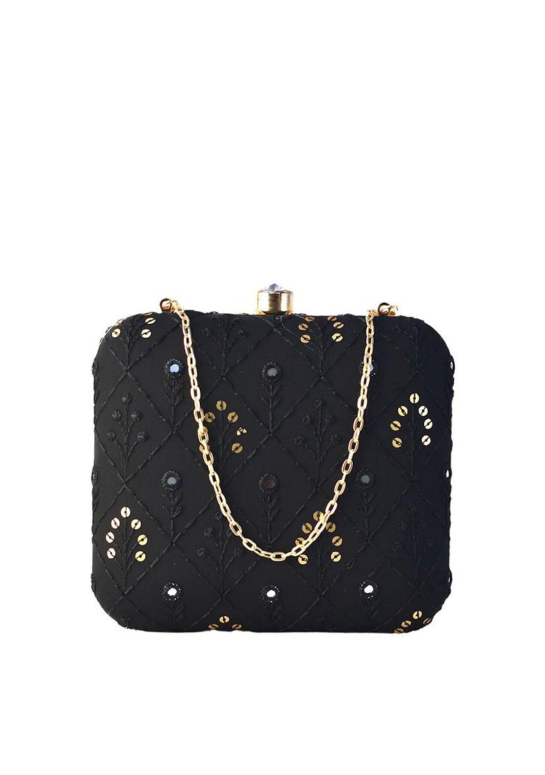 Black Satin Black And Gold Toned Embroidered Embellished Box Clutch - Indya