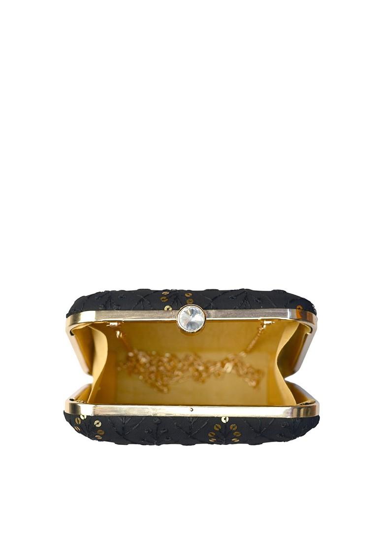 Black Satin Black And Gold Toned Embroidered Embellished Box Clutch - Indya