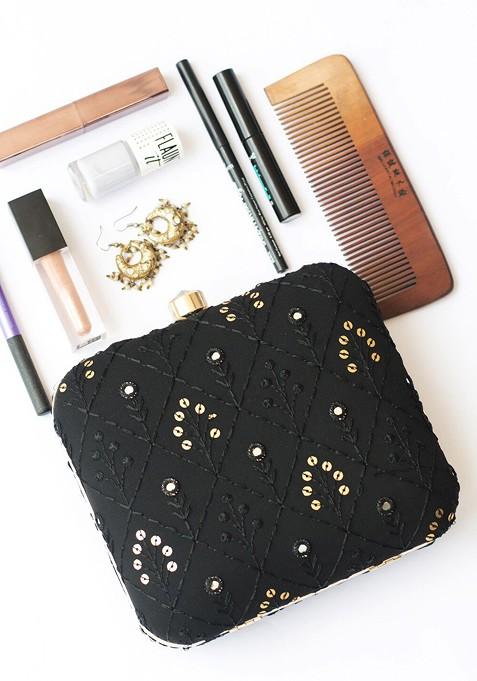 Black Satin Black And Gold Toned Embroidered Embellished Box Clutch