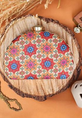 Beige Fabric Beige And Red Printed Embroidered Box Clutch