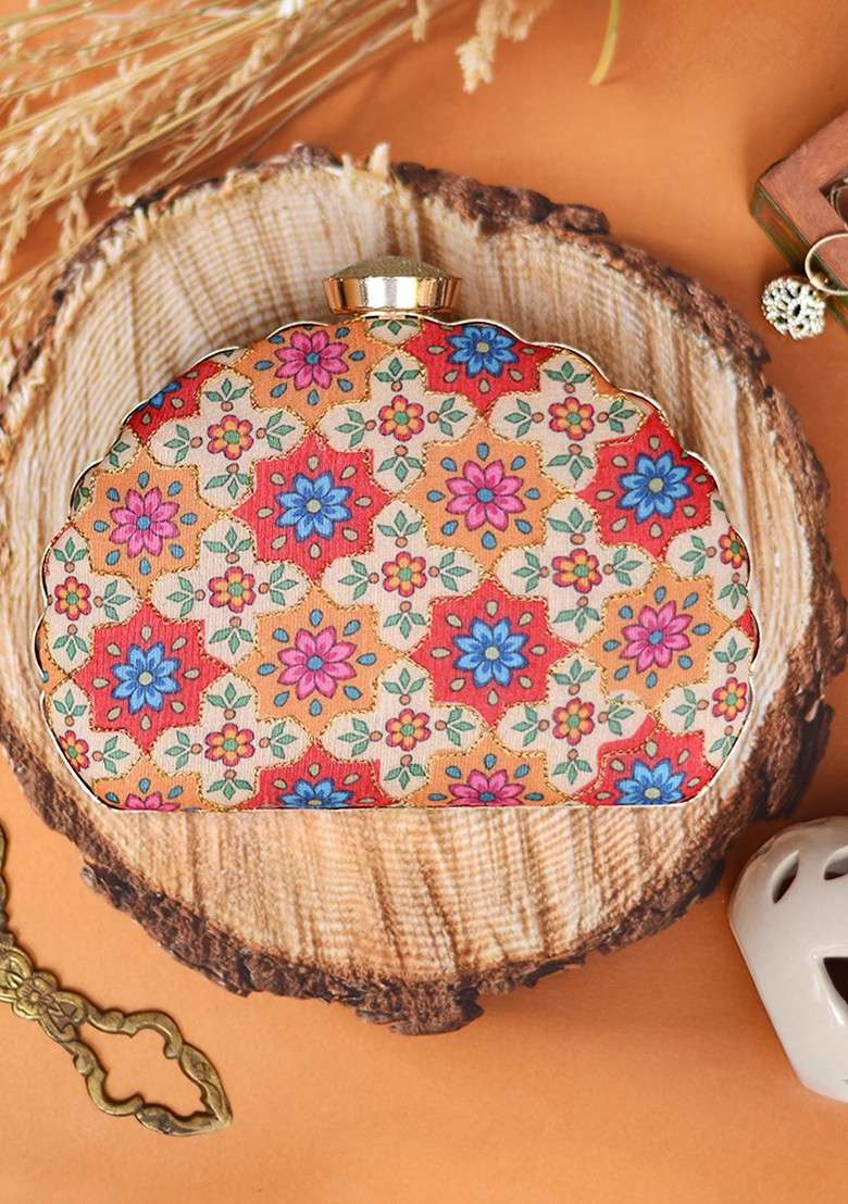 Beige Fabric Beige And Red Printed Embroidered Box Clutch - Indya