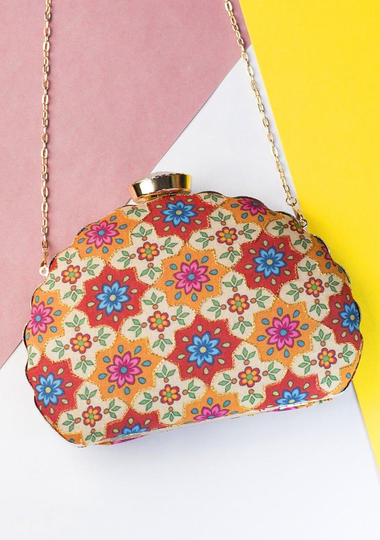 Beige Fabric Beige And Red Printed Embroidered Box Clutch - Indya