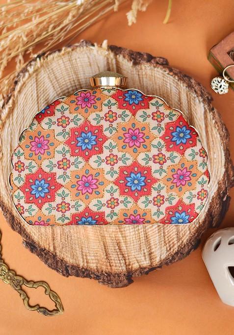 Beige Fabric Beige And Red Printed Embroidered Box Clutch