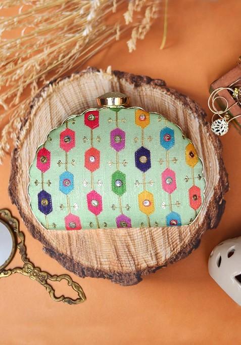 Green Satin Green And Red Embroidered Box Clutch