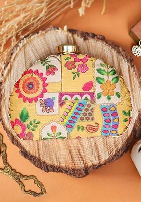 Yellow Satin Yellow And Fuchsia Embroidered Box Clutch