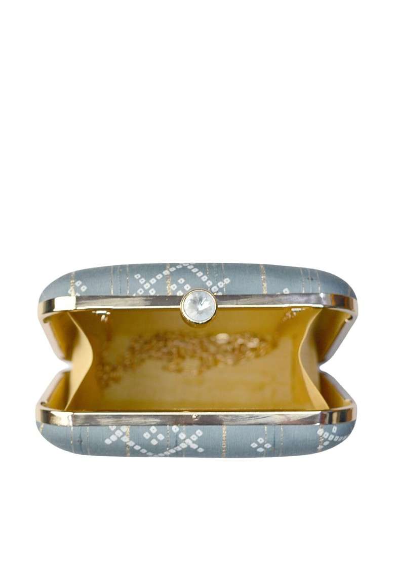 Grey Satin Grey And White Embroidered Box Clutch - Indya