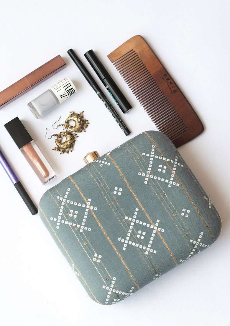 Grey Satin Grey And White Embroidered Box Clutch - Indya