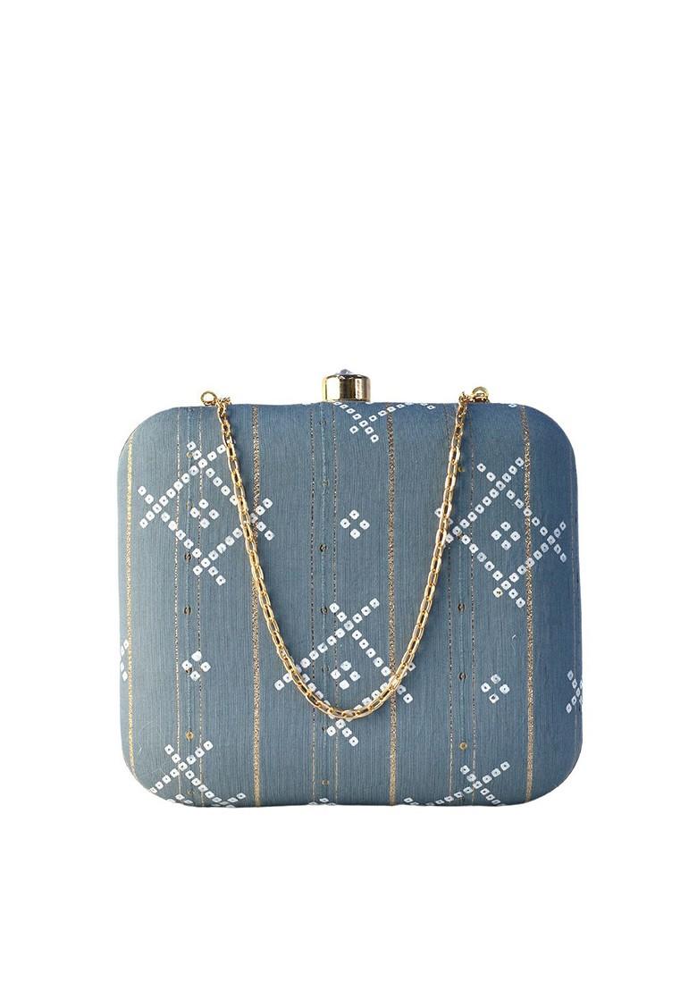 Grey Satin Grey And White Embroidered Box Clutch - Indya