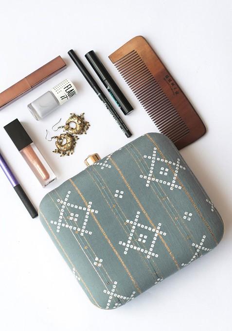 Grey Satin Grey And White Embroidered Box Clutch