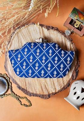 Navy Blue Satin Navy Blue And White Embroidered Box Clutch