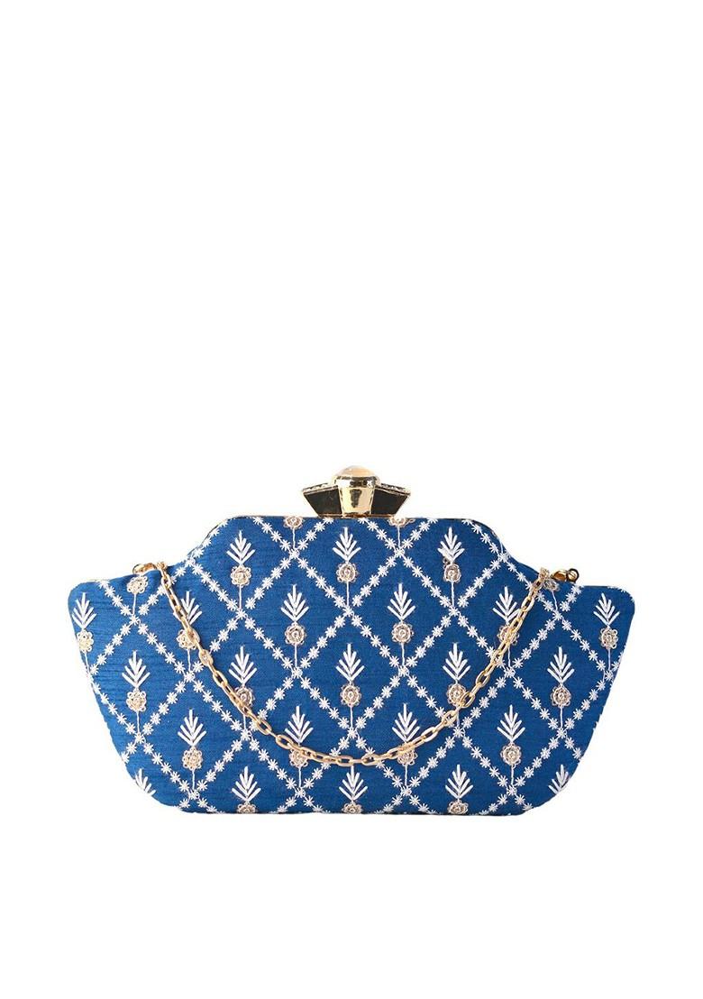 Navy Blue Satin Navy Blue And White Embroidered Box Clutch - Indya