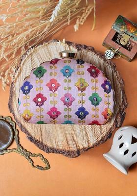 Pink Satin Pink And Blue Embroidered Box Clutch