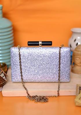 Silver Satin Silver Toned Embellished Box Clutch