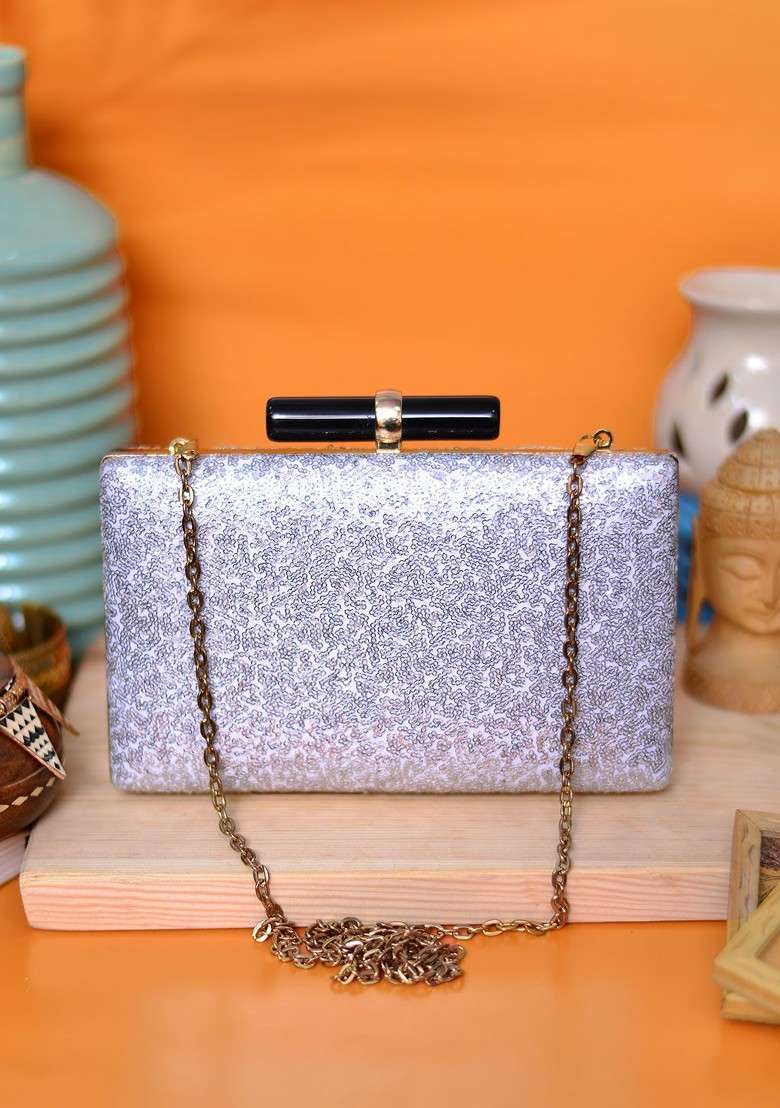 Silver Satin Silver Toned Embellished Box Clutch - Indya