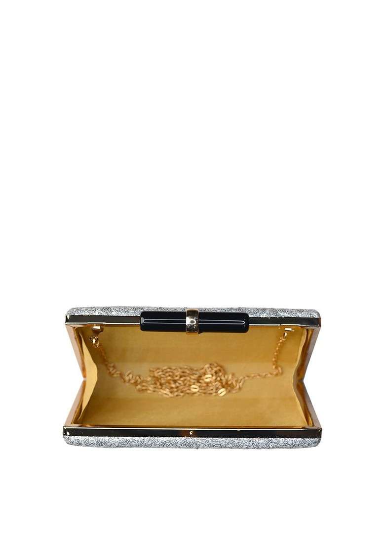 Silver Satin Silver Toned Embellished Box Clutch - Indya