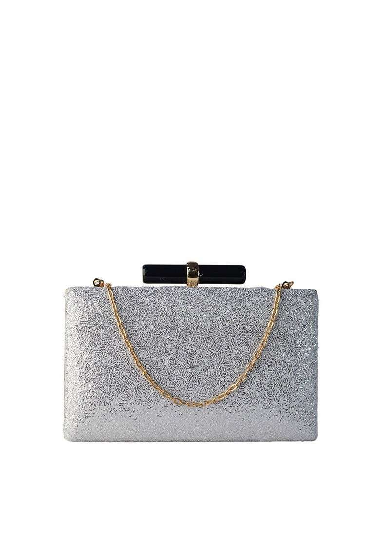 Silver Satin Silver Toned Embellished Box Clutch - Indya