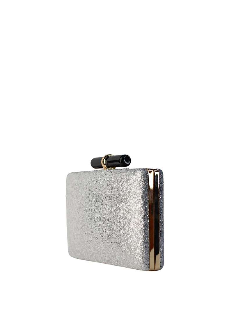Silver Satin Silver Toned Embellished Box Clutch - Indya