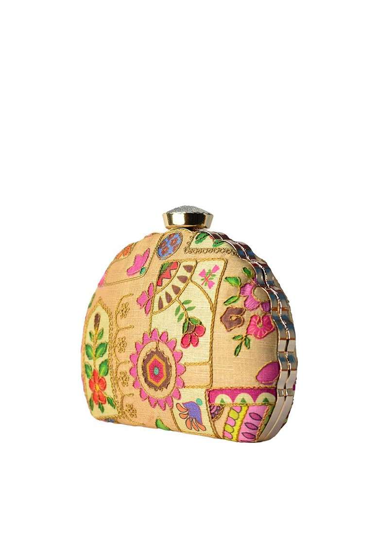 Beige Satin Beige And Green Embroidered Box Clutch - Indya
