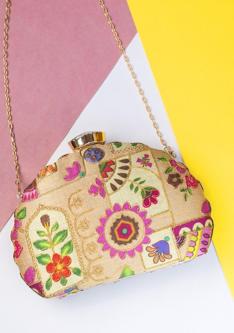 Beige Satin Beige And Green Embroidered Box Clutch - Indya