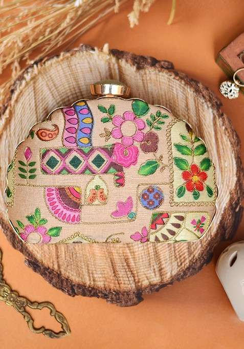 Beige Satin Beige And Green Embroidered Box Clutch