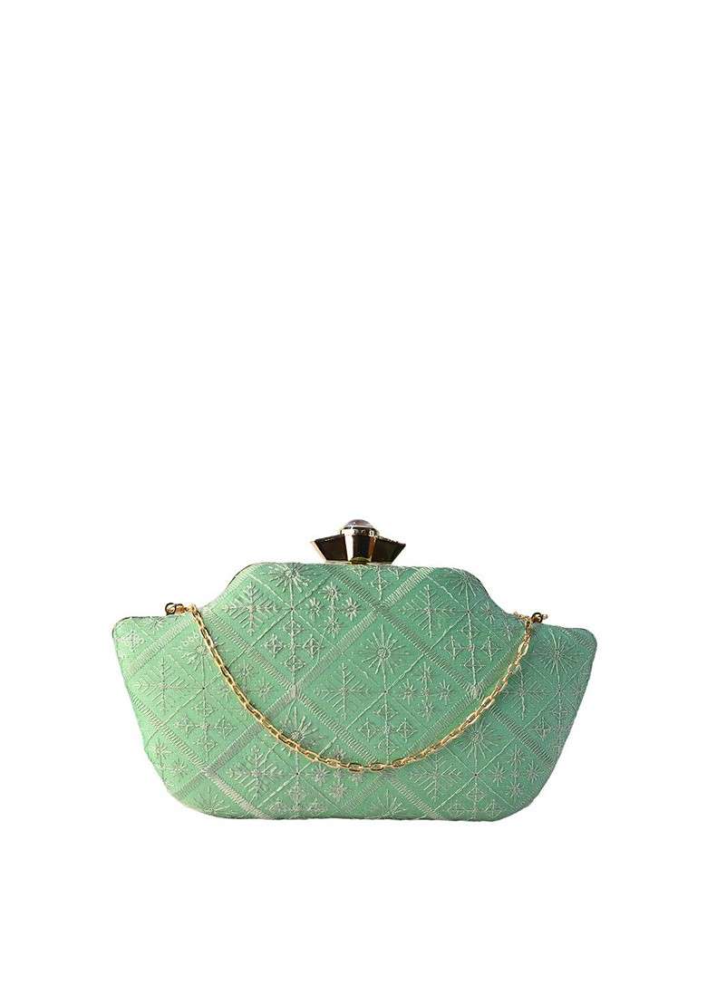 Green Satin Green Embroidered Box Clutch - Indya