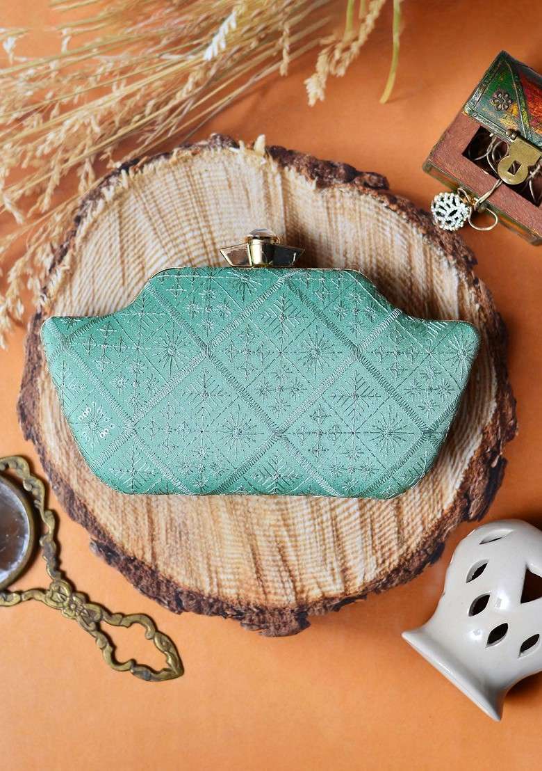 Green Satin Green Embroidered Box Clutch - Indya