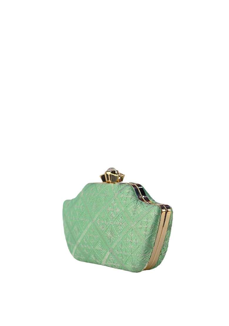 Green Satin Green Embroidered Box Clutch - Indya