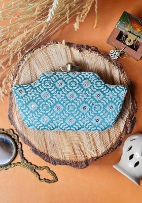 Turquoise Blue Satin Turquoise Blue And White Embroidered Box Clutch